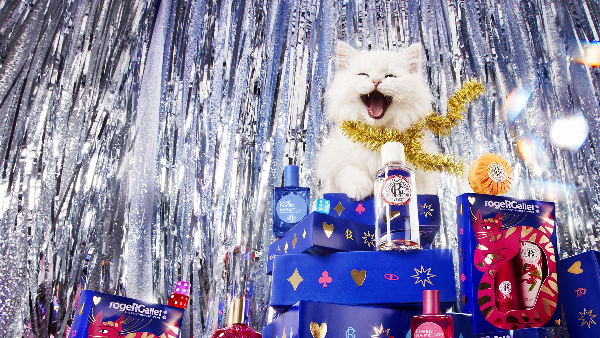 Chaton blanc parmi les coffrets de Noël Roger&Gallet illustrés par Agathe Singer